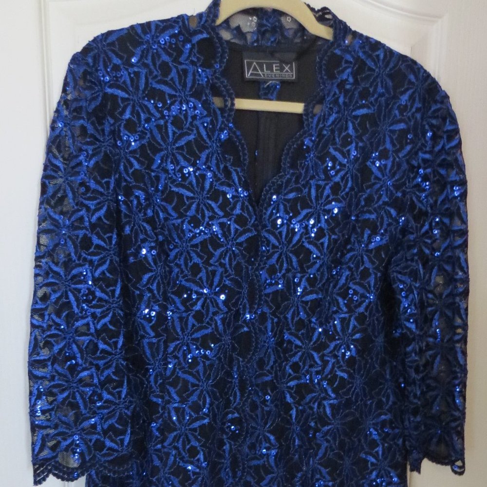 Alex Evenings Royal Blue and Black Lace Sequined Top Size XL